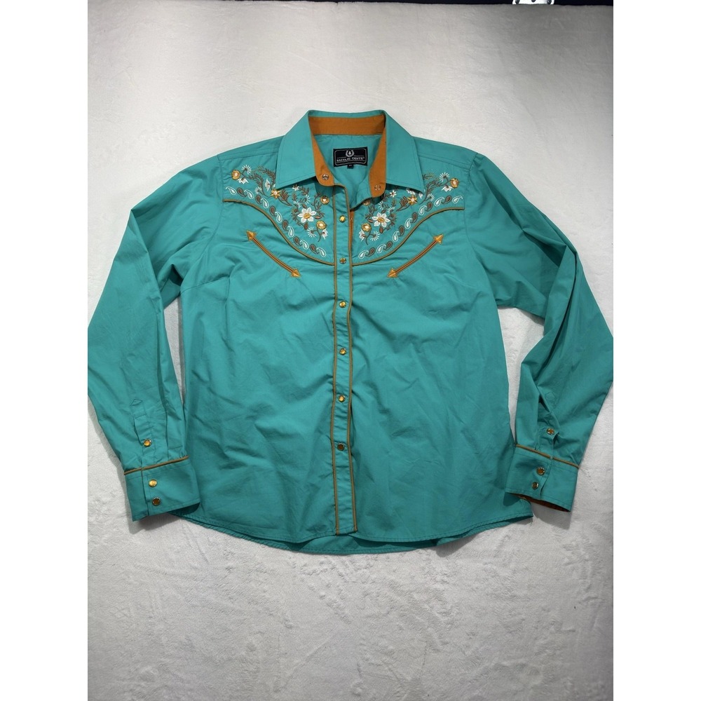 Salvaje Oeste Shirt Mens XL Green Embroidered Western Pearl Snap Long Sleeve